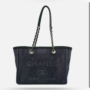 Chanel Canvas Small Deauville Tote Navy Shopper Shoulder Bag.